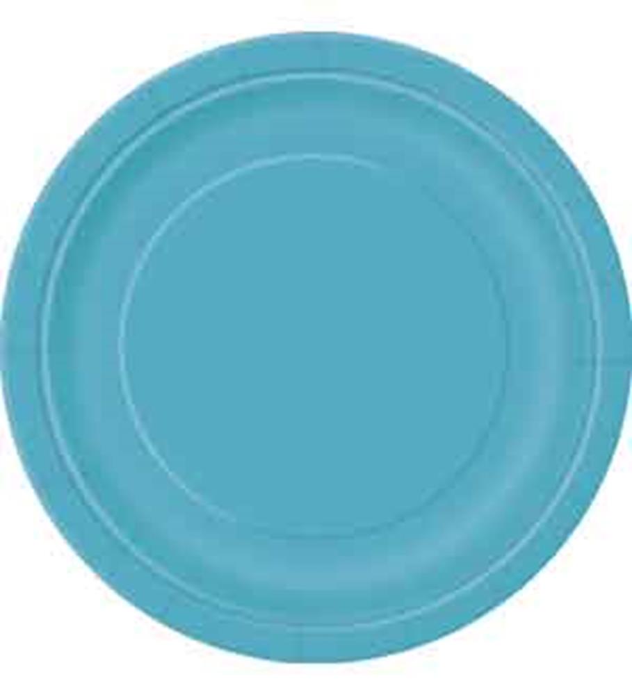 Round teal disposable plate with a slightly raised rim and smooth matte finish.