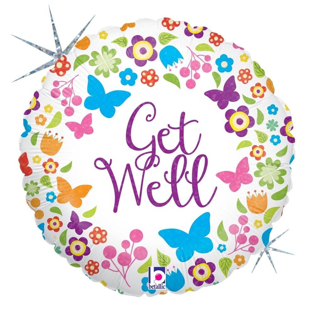 Round white foil balloon with colorful butterflies and flowers surrounding purple "Get Well" text.