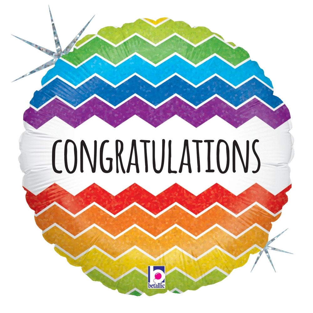 Round holographic balloon with colorful chevron stripes and "CONGRATULATIONS" text in black.