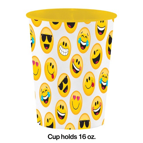 16oz white plastic cup with yellow rim, covered in various colorful emoji faces.