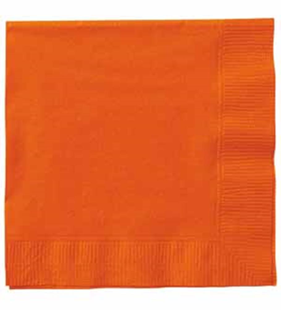 Square pumpkin orange paper napkin with textured borders, 7-inch size, folded flat.