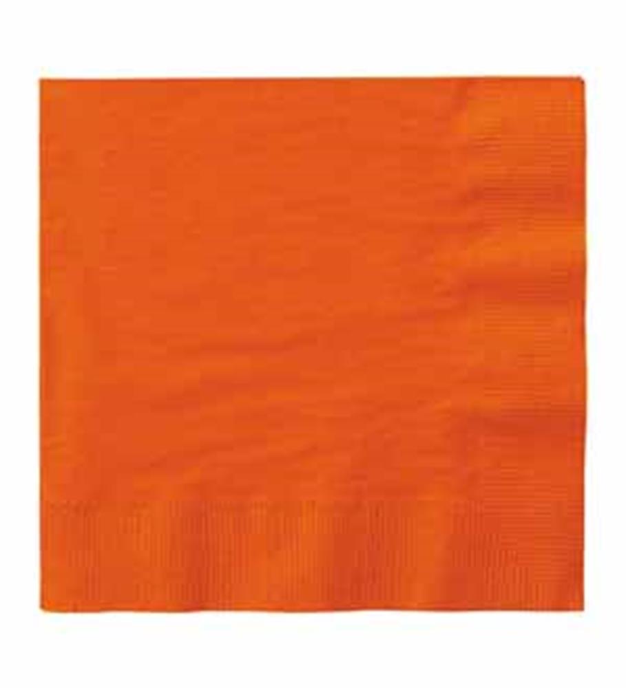 Bright pumpkin orange square paper napkin with subtle embossed texture and folded edges.