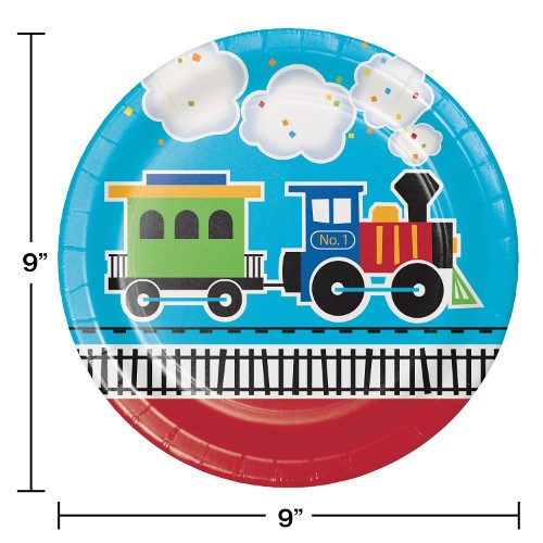 Round 9-inch paper plate with blue and red border, featuring colorful cartoon train and smoke clouds above black railroad.