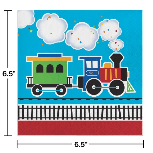 Square blue paper napkin with colorful steam train illustration and railroad tracks at the bottom.