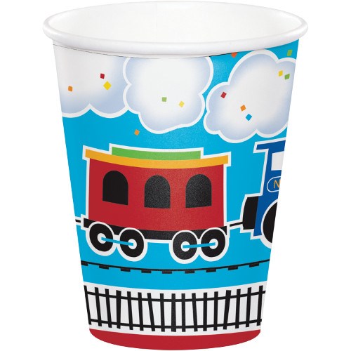 9oz disposable paper cup with colorful train, blue sky, clouds, and railroad track design.