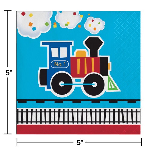 Square blue paper napkin with a colorful cartoon train, train tracks, and white clouds, 5 by 5 inches.
