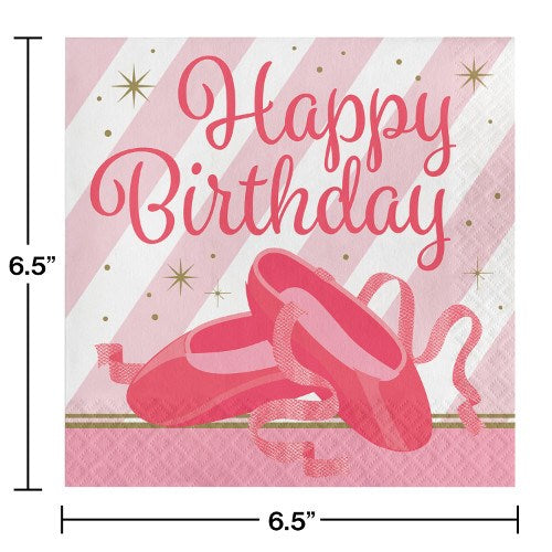 Pink and white striped birthday napkin with ballet slippers and gold star accents, 6.5 x 6.5 inches.