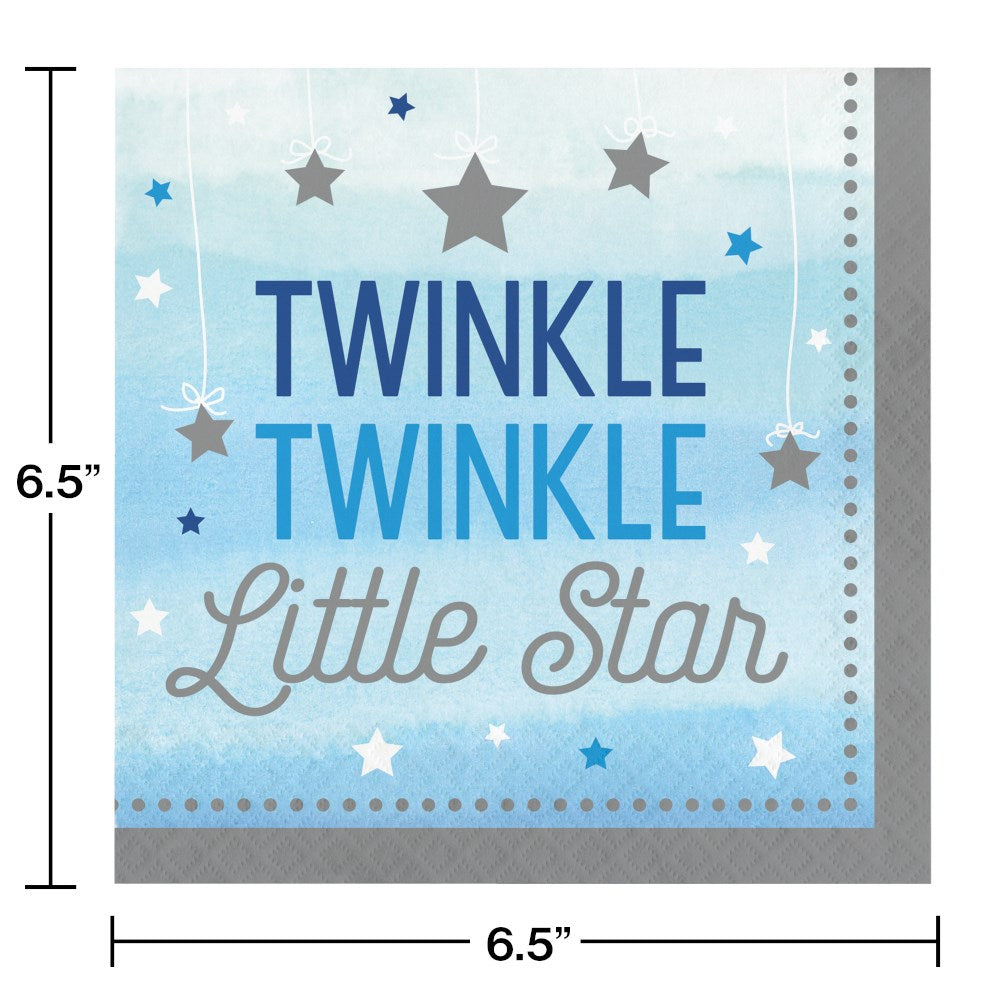 Blue and gray baby shower napkin with “Twinkle Twinkle Little Star” text and hanging star design, 6.5 x 6.5 inches.