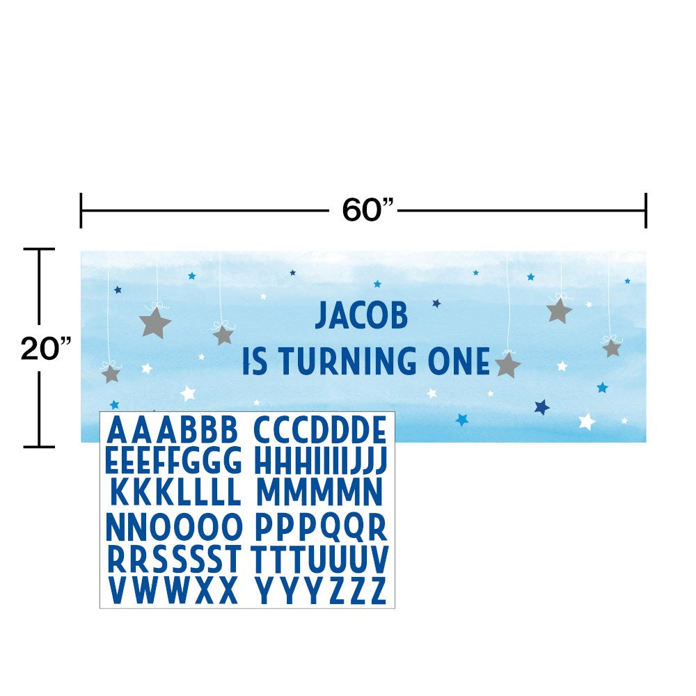 Blue giant party banner with silver stars and customizable alphabet letters for a first birthday celebration.