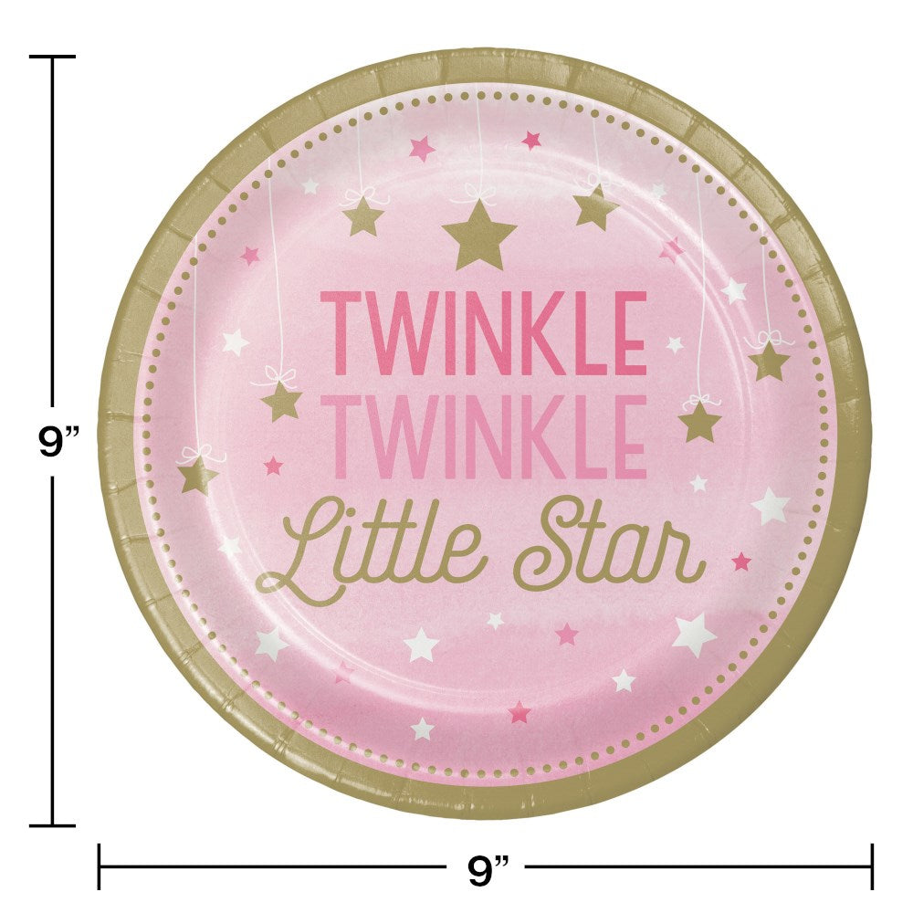 9-inch round pink paper plate with gold and white stars and "Twinkle Twinkle Little Star" text in pink and gold.
