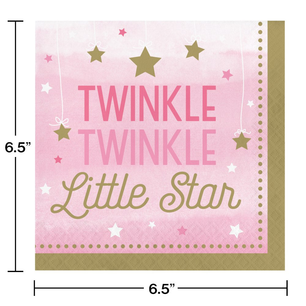 Pink and gold square napkin with "Twinkle Twinkle Little Star" text and star patterns, 6.5 x 6.5 inches.
