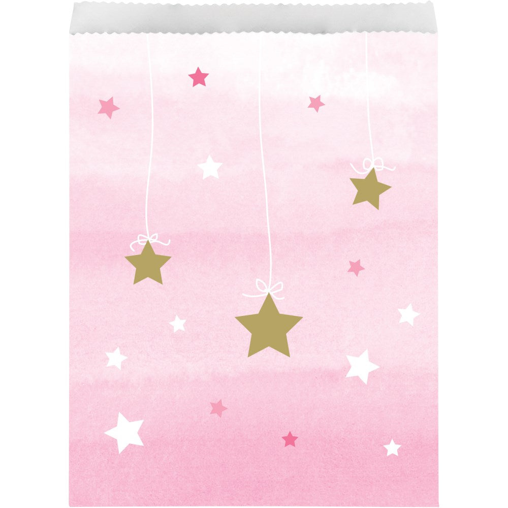 Pink paper treat bag with hanging gold, white, and pink stars design.