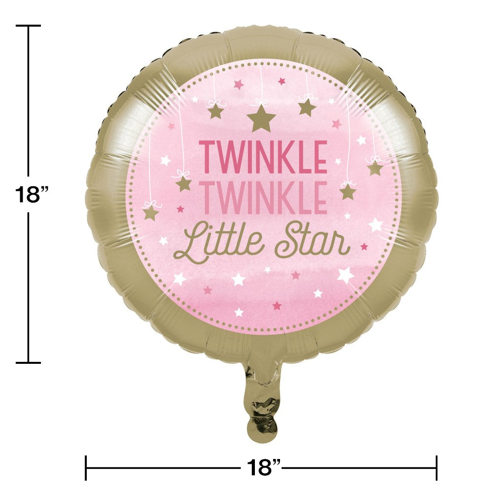 18-inch round foil balloon with gold border, pink center, stars, and "Twinkle Twinkle Little Star" text.