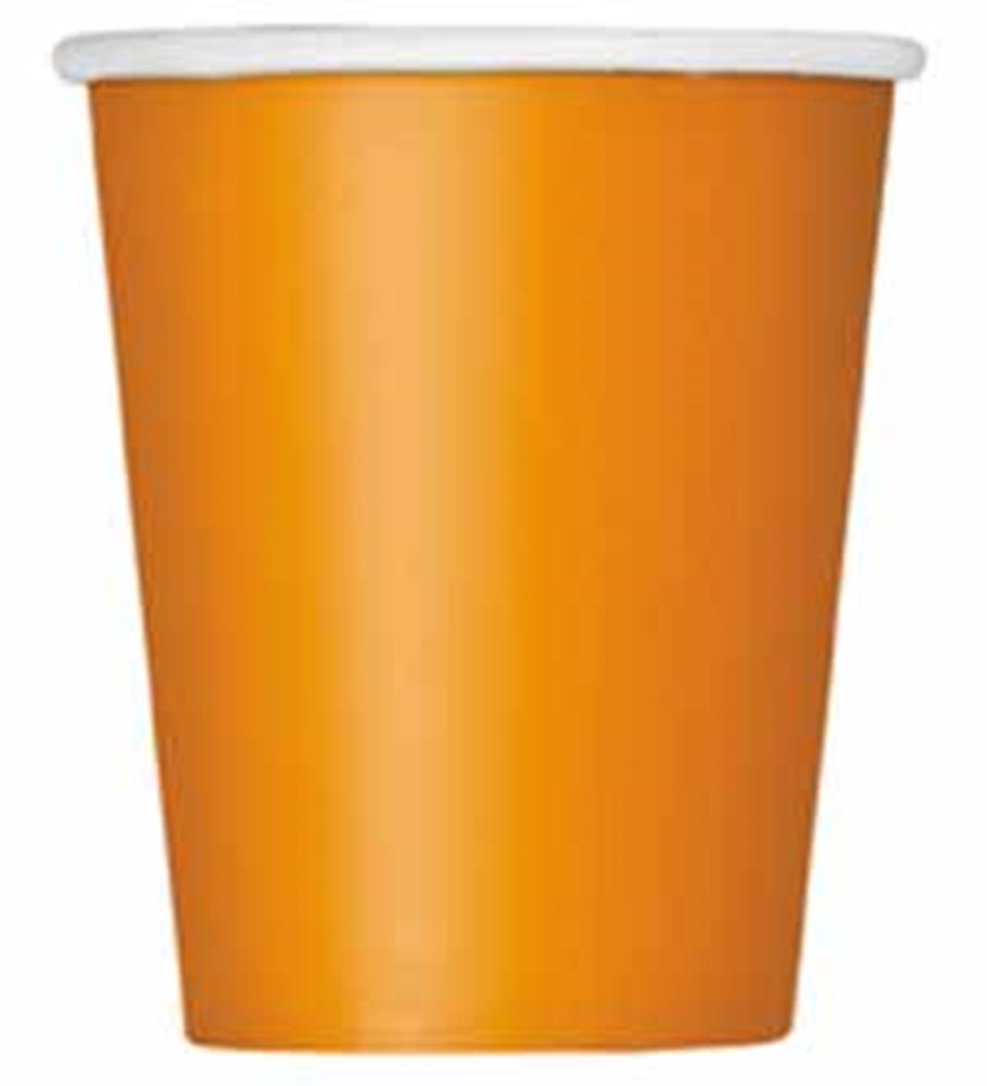 Bright pumpkin orange disposable paper cup with white rim, 9-ounce capacity.