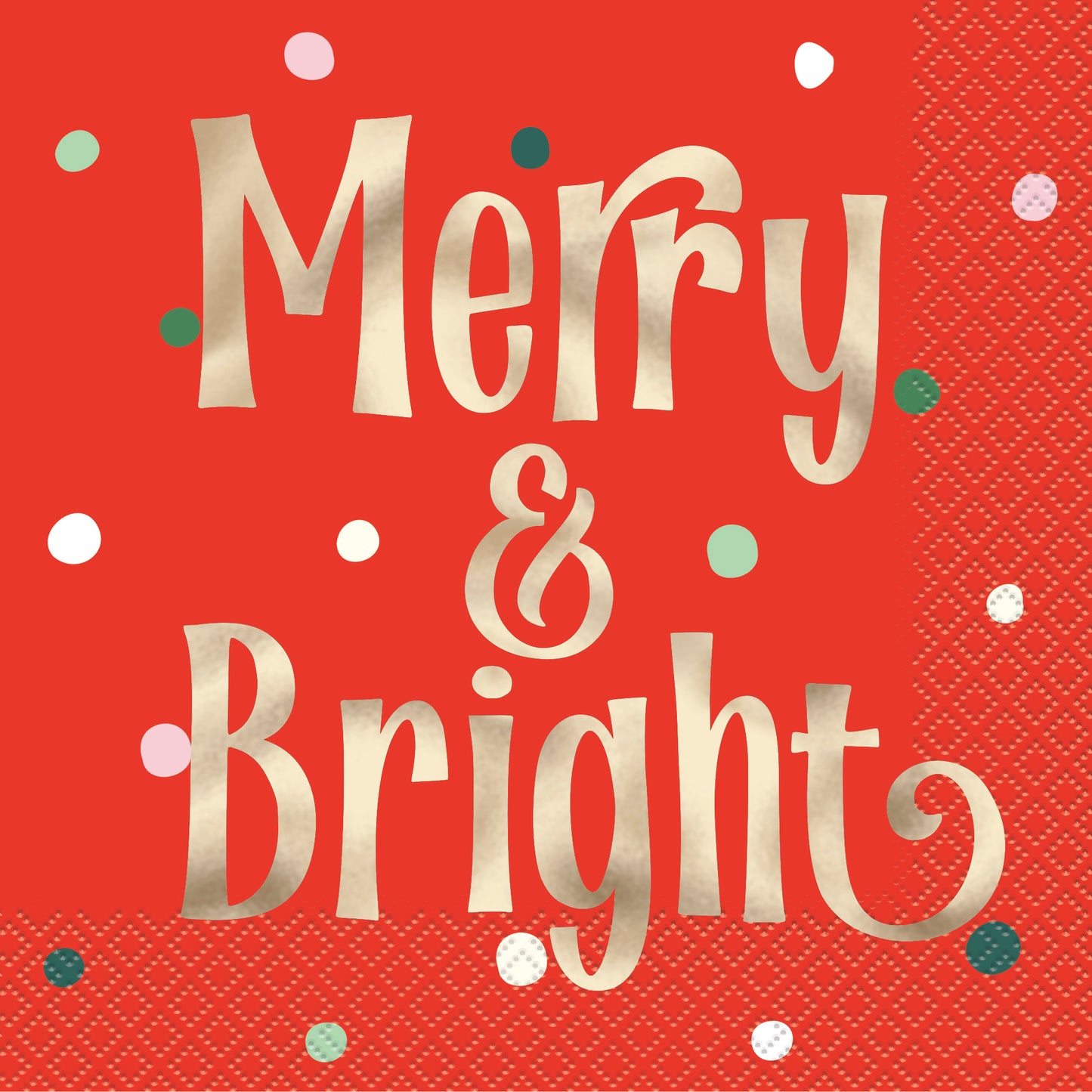 Red vintage-style Christmas napkin with gold "Merry & Bright" text and colorful confetti dots.