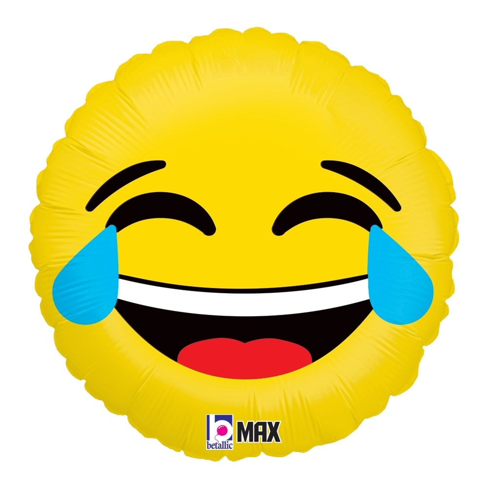 Yellow round foil balloon with laughing face emoji, tears of joy, and smiling mouth.