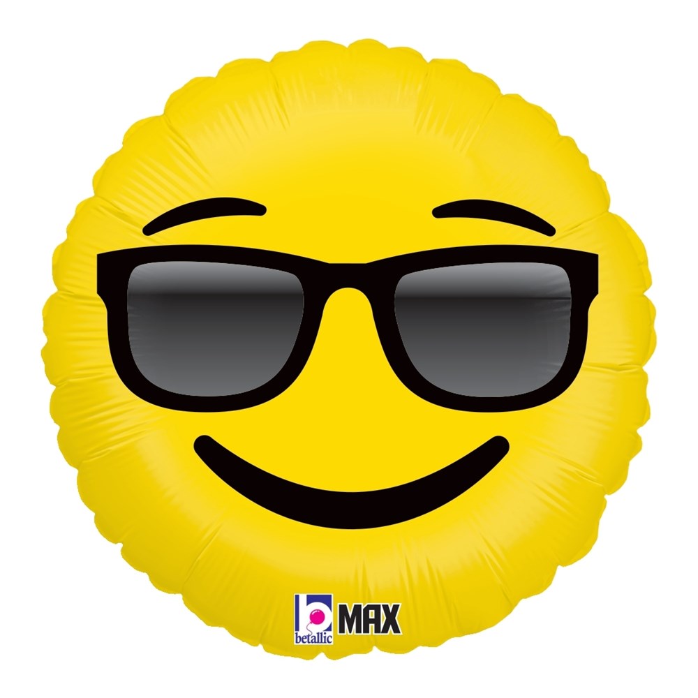 Yellow round foil balloon with a smiling face wearing black sunglasses and raised eyebrows.