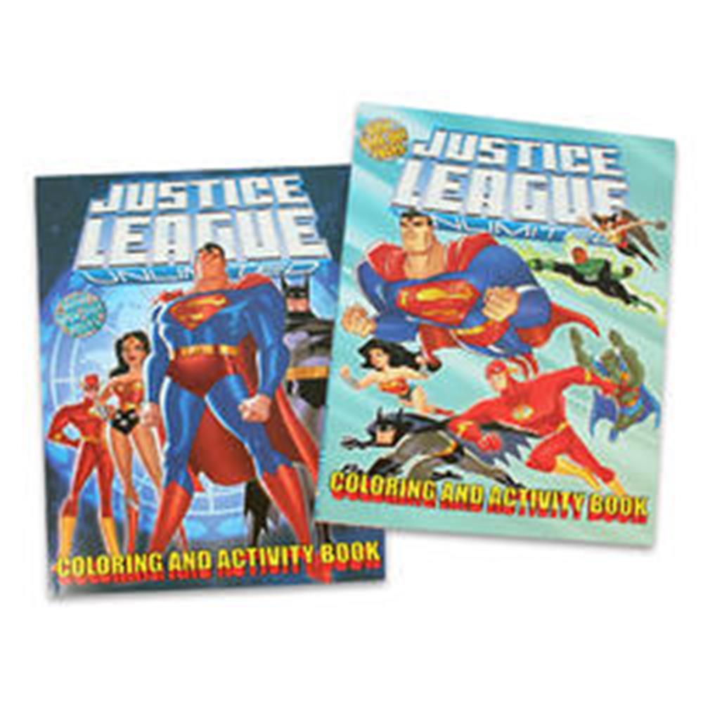 Two Justice League coloring and activity books featuring superheroes Superman, Wonder Woman, Flash, and others on vibrant.