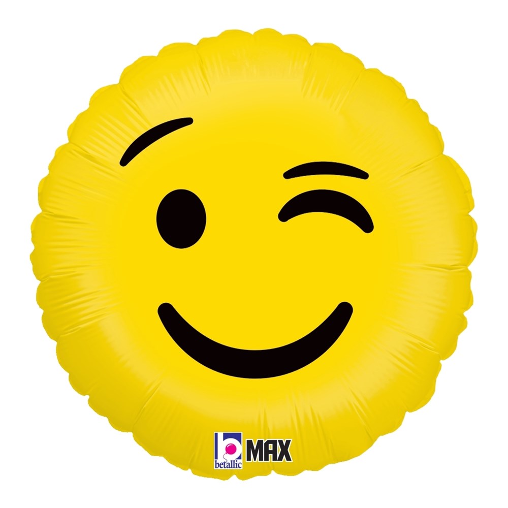 Yellow round foil balloon with a winking smiley face and black facial features.