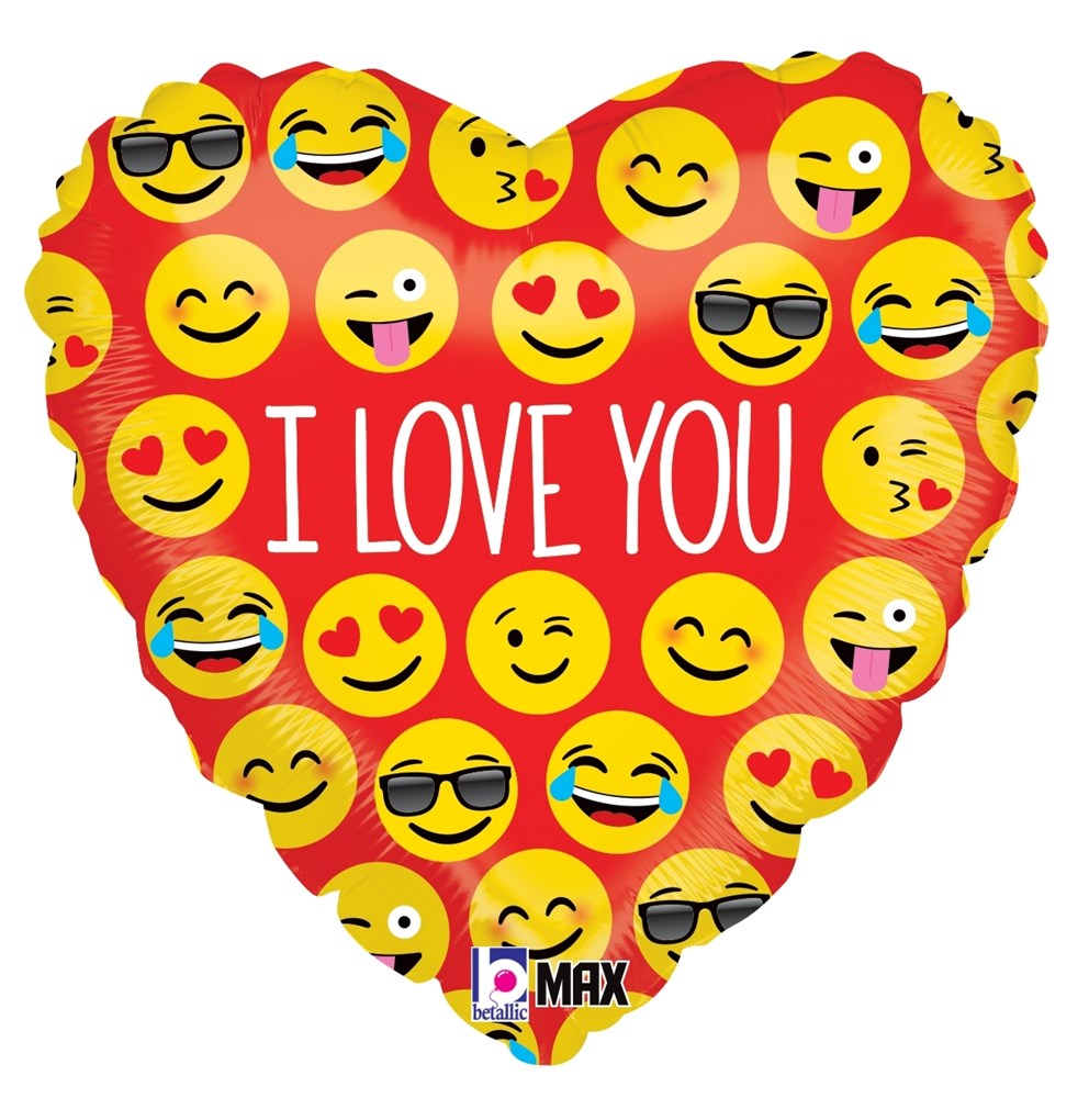 Red heart-shaped foil balloon with varied yellow emoji faces and white "I LOVE YOU" text in center.