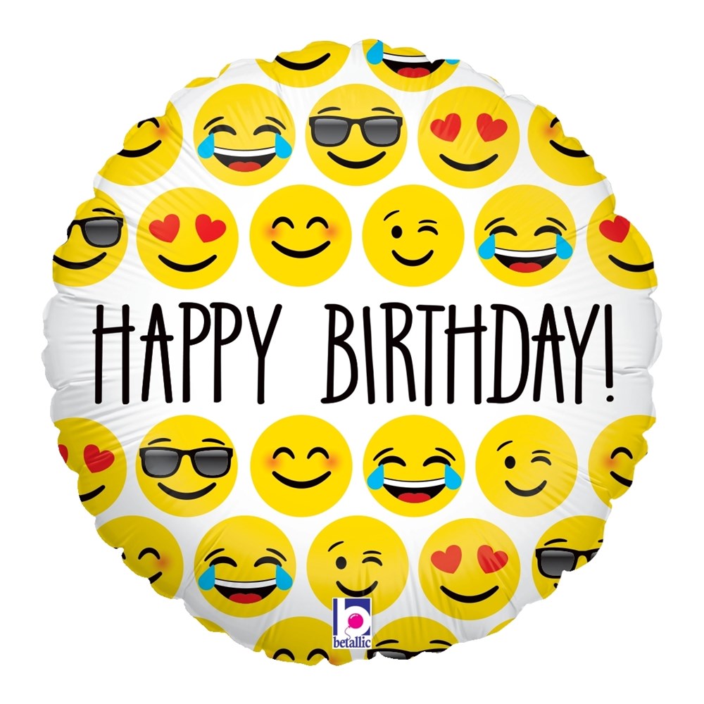 Round silver foil balloon with colorful smiling emoji faces and "Happy Birthday!" text in black.