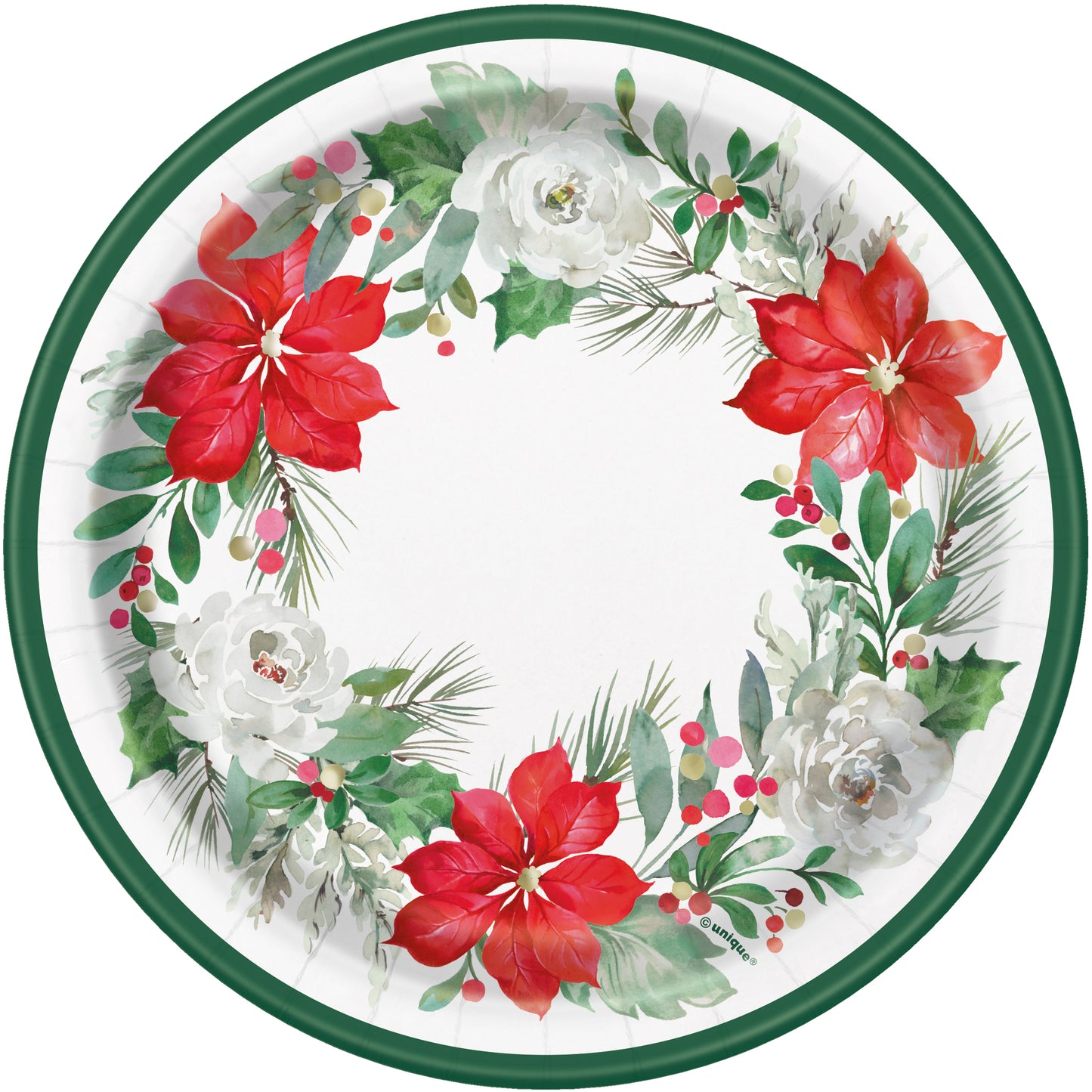 7-inch round paper plate with green rim and festive wreath of red poinsettias, white flowers, pine branches, and berries.