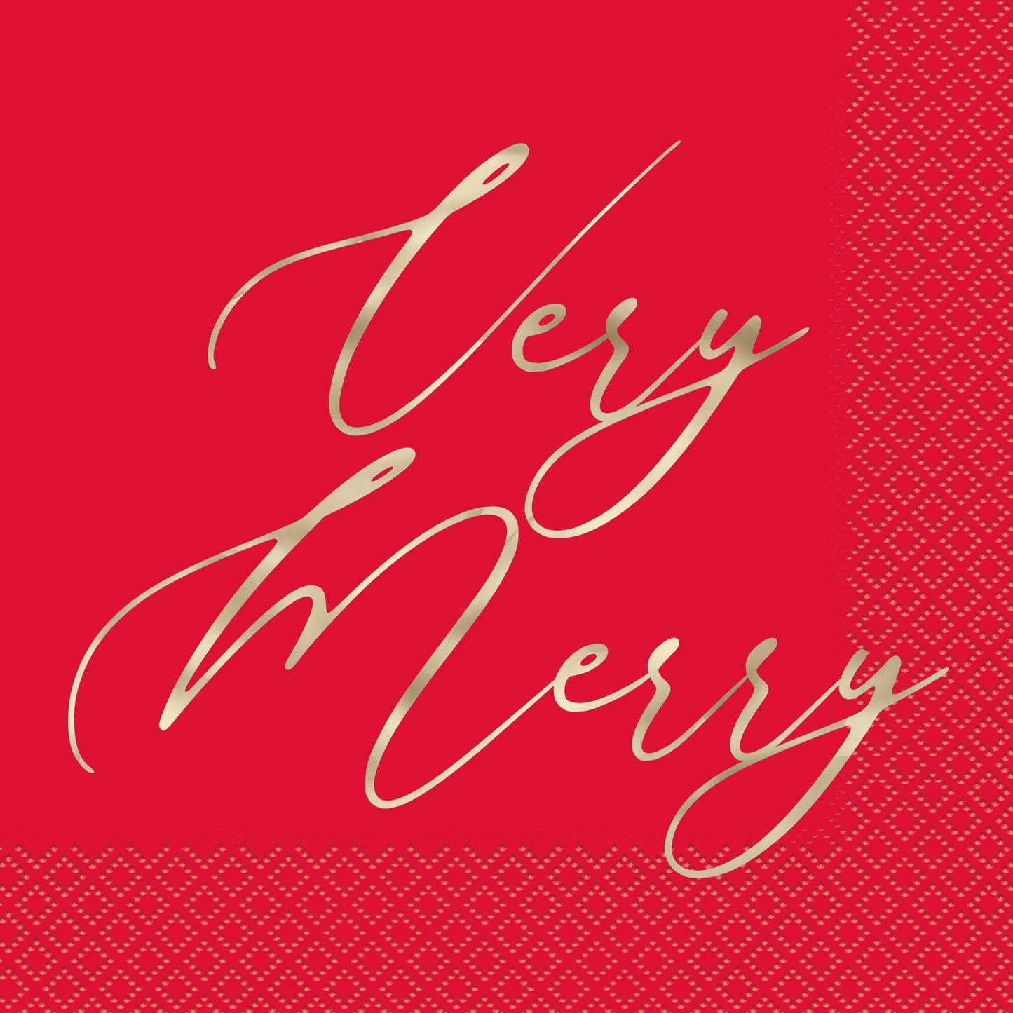 Red luncheon napkin with gold cursive "Very Merry" text and decorative embossed border pattern.