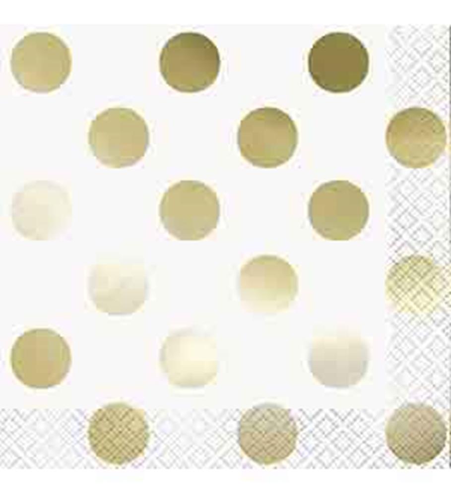 White beverage napkin with shiny gold foil polka dots and embossed border, 16 count.