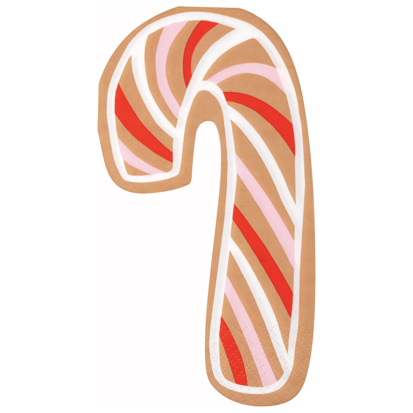 Candy cane shaped napkin with gingerbread brown background and red, white, and pink swirled stripes, festive Christmas.