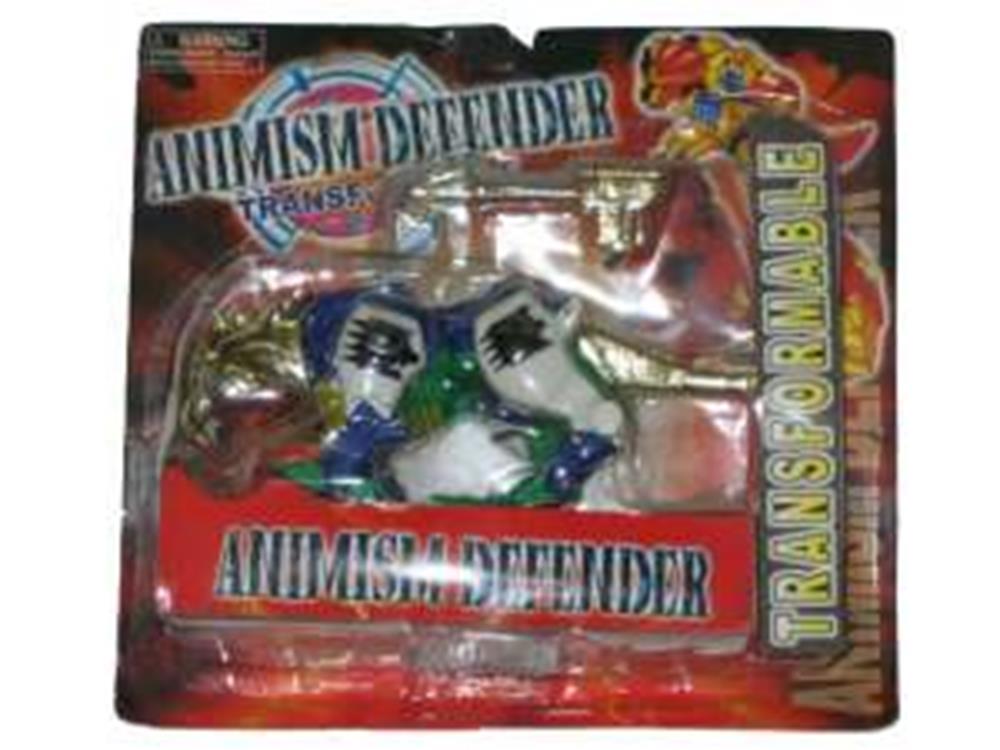White and blue plastic mechanical horse toy with gold accents, in red packaging labeled Animism Defender, transformable.