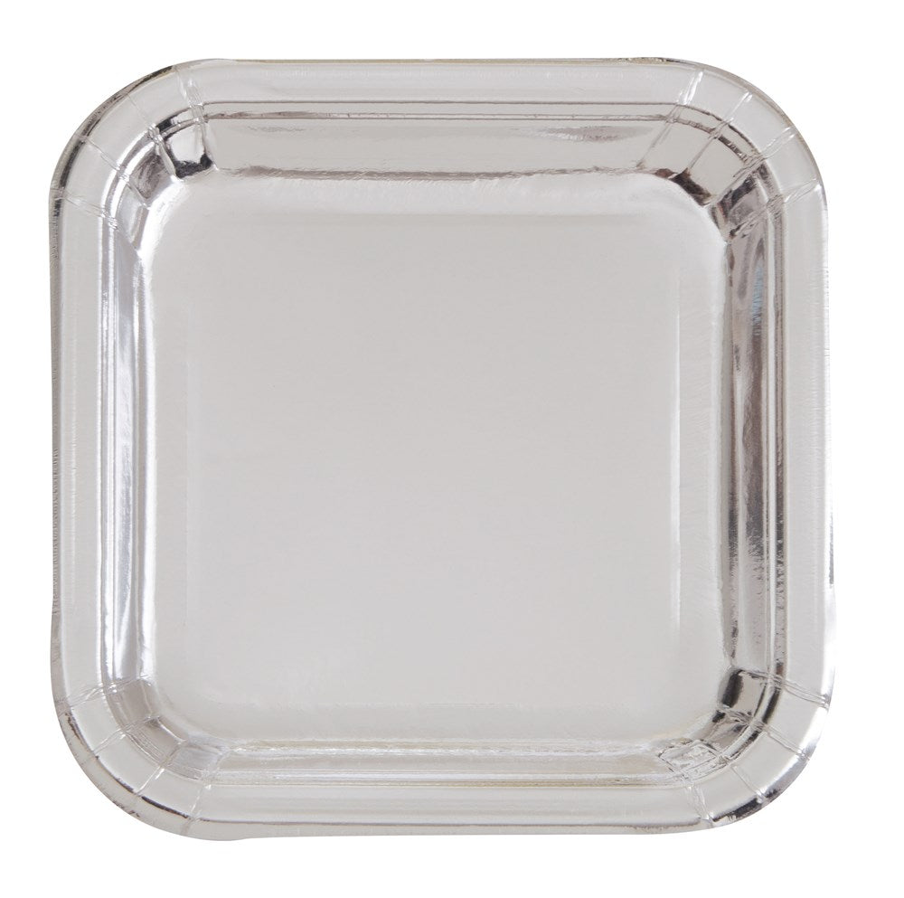 Set of eight small square plates with raised edges, shiny silver foil finish.