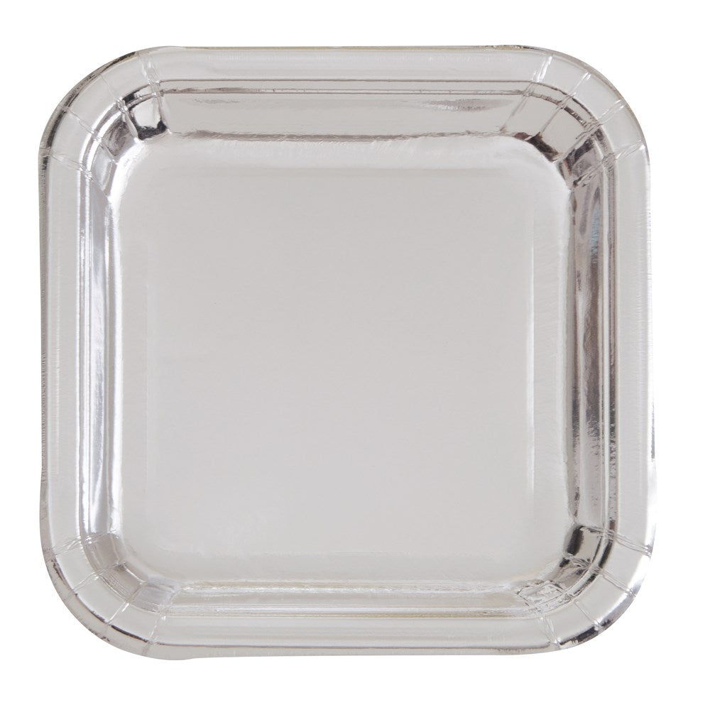 Square 9-inch silver foil dinner plate with rounded edges and a slightly raised rim.