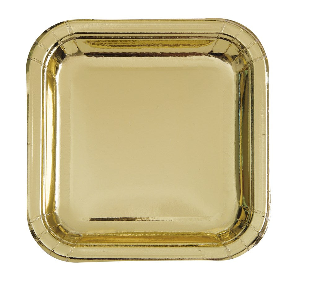 Square small plate with rounded edges in shiny metallic gold foil finish.