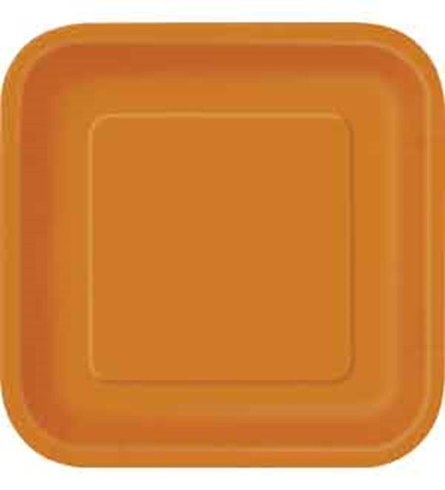 Square pumpkin orange dinner plate with rounded corners and raised edges.