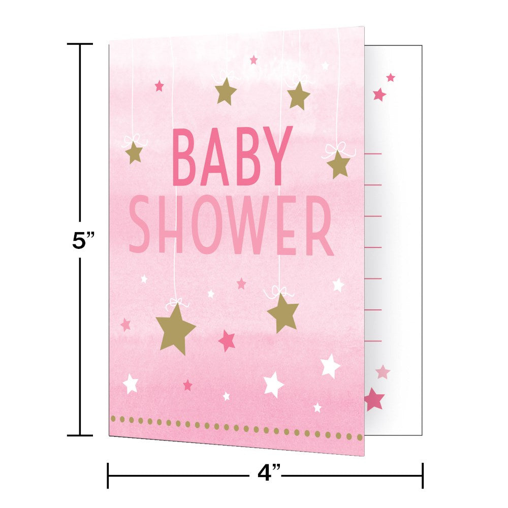 Pink folded baby shower invitation with gold and white stars and "BABY SHOWER" in large pink letters.