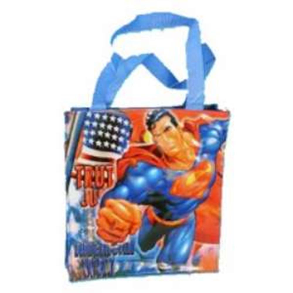 Small rectangular tote bag with blue handles featuring a colorful Superman graphic and "Truth Up" text on a comic-style.