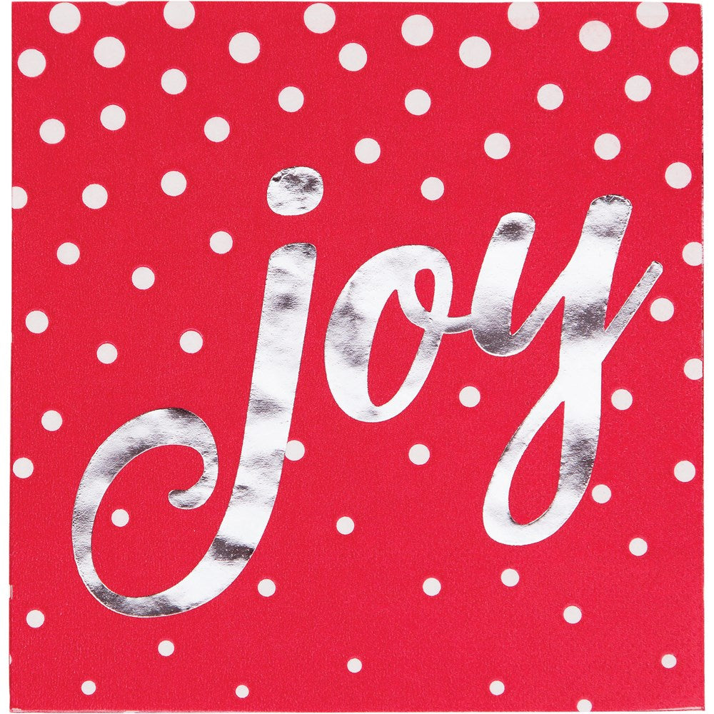 Red beverage napkin with white polka dots and large silver foil script "joy" text.