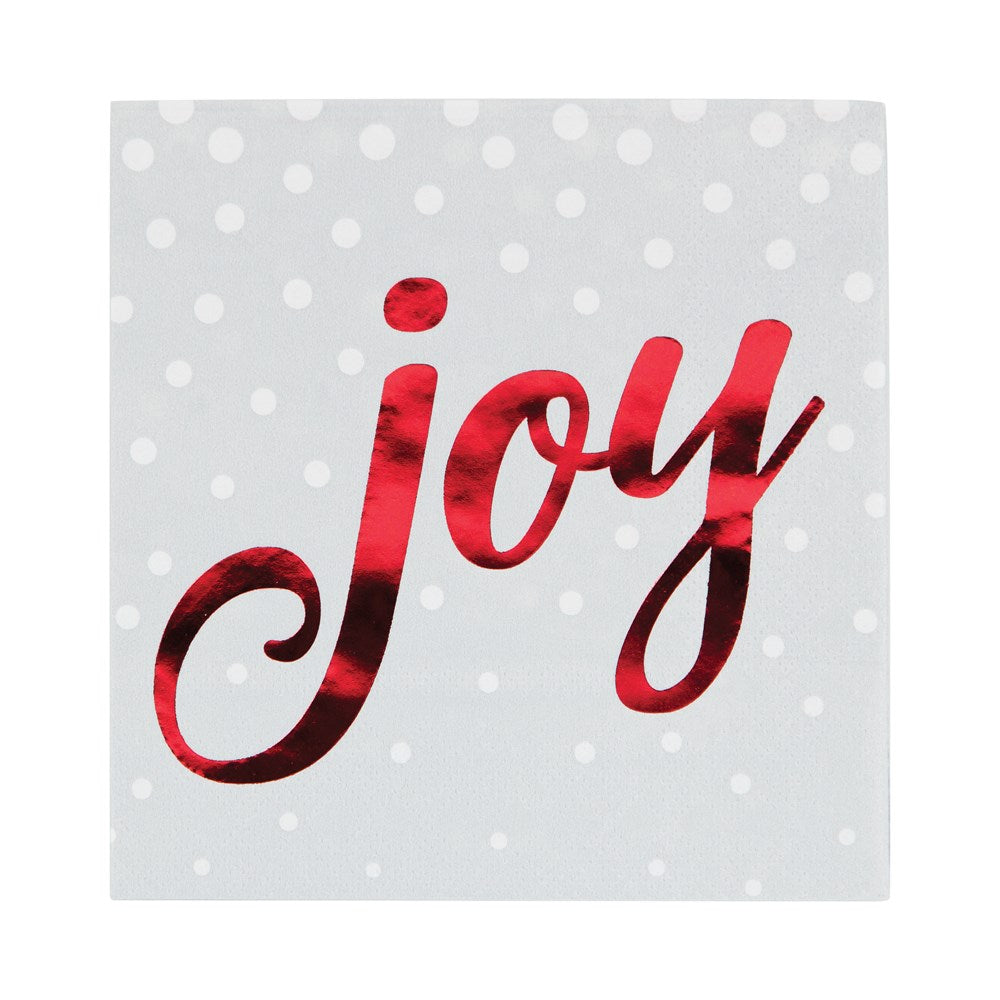 Gray beverage napkin with white polka dots and shiny red script "joy" text.