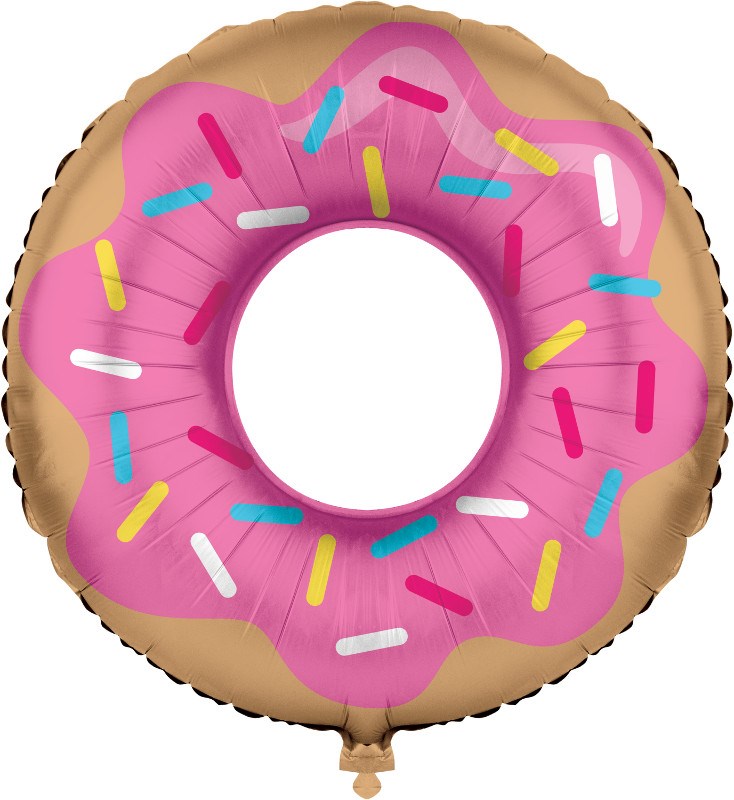 30-inch metallic balloon shaped like a donut with pink frosting and colorful sprinkles.