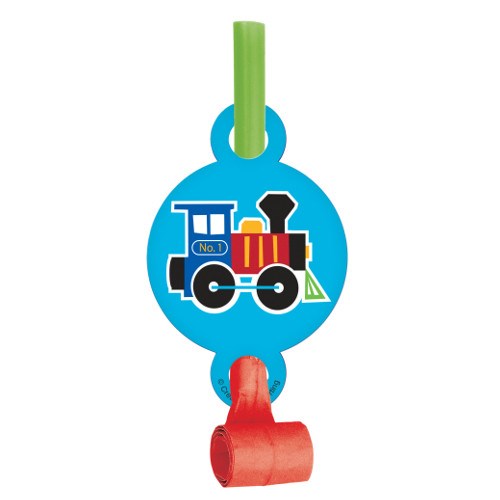 Blue party blowout with a colorful train graphic and green plastic mouthpiece.