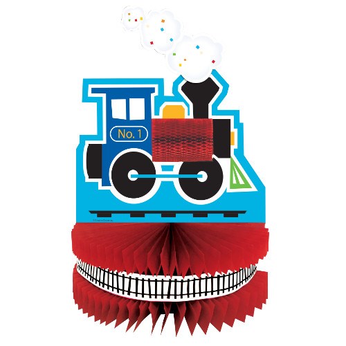 Blue and black toy train centerpiece with red honeycomb paper base and white steam puff detail.