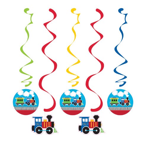 Set of five hanging spirals in green, red, yellow, and blue with locomotive train cutouts at the bottom.