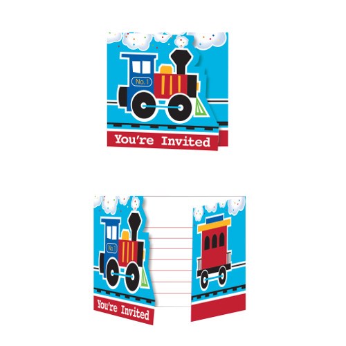 Blue birthday invitation cards featuring a colorful cartoon train with "You're Invited" text in red at the bottom.