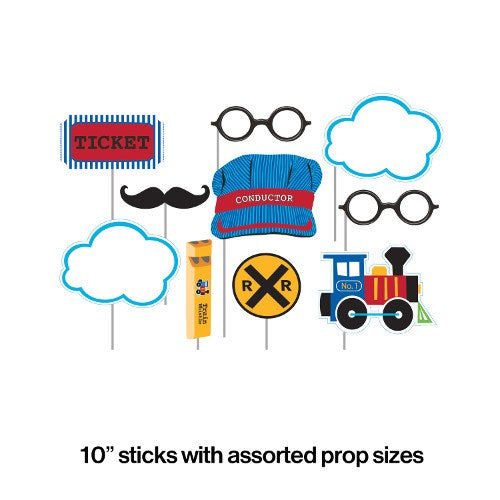 Colorful train-themed photo props including a conductor hat, train, railroad sign, ticket, mustache, glasses, speech bubbles