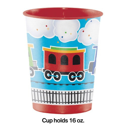 Plastic 16oz cup with colorful train design on blue background and red rim and base.