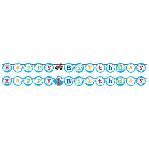 Blue circular birthday banner with "Happy 1st Birthday" letters, train and toy car illustrations, stringed design.