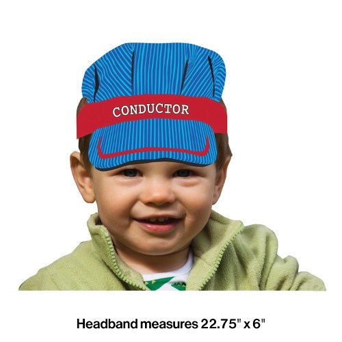 Blue and black striped fabric conductor hat headband with red band labeled "CONDUCTOR" worn by toddler.