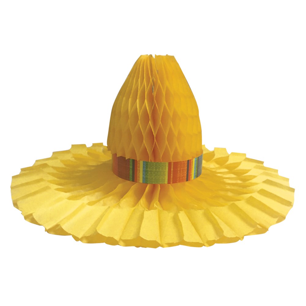 Yellow honeycomb paper sombrero with multicolored striped band and wide brim.