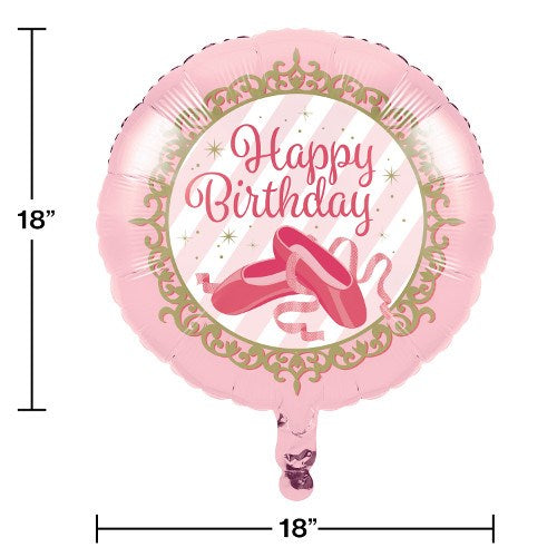 Pink round foil balloon with ballet slippers and "Happy Birthday" in gold ornate frame, 18 inches.