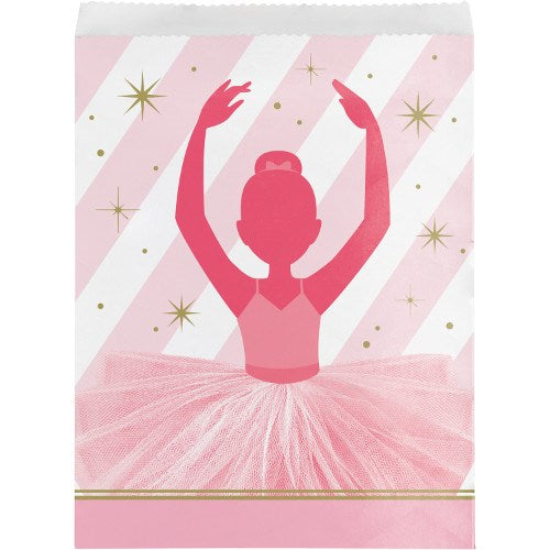 Pink and white striped paper treat bag with ballerina silhouette and gold star accents.